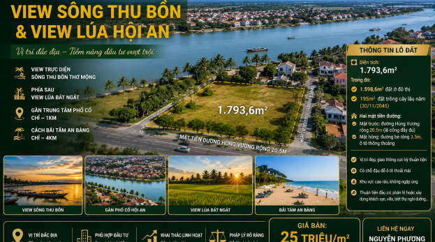 CƠ HỘI SỞ HỮU QUỸ ĐẤT LỚN VIEW SÔNG THU BỒN & CÁNH ĐỒNG HỘI AN