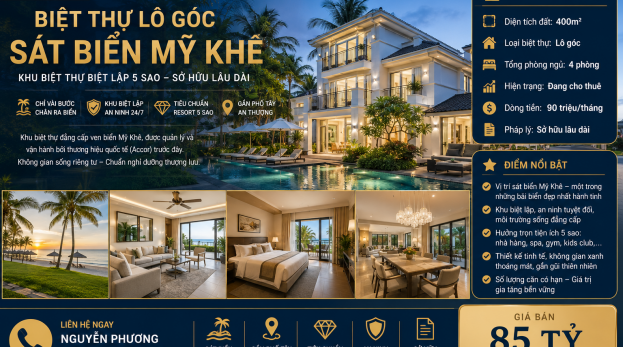 Hàng hiếm: Bán biệt thự 5 sao lô góc sát biển Mỹ Khê, Đà Nẵng, sở hữu lâu dài